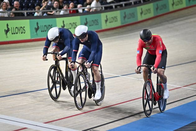 2026 British Cycling Lloyds National Track Championships Picture by Mathew Wells SWpix.com - 22 02 2026 - 2026 British Cycling Lloyds National Track Championships - National Cycling Centre, Manchester, England - Men s Keirin First Round - Lyall Craig (Team Inspired), Hamish Turnbull (Team Inspired), Harvey McNaughton (Wales Racing Academy) Copyright: x xSWpix.comx(t axPhotographyxHubxLtd)xMathewxWells SWpix.comx SWP-3203-0897
