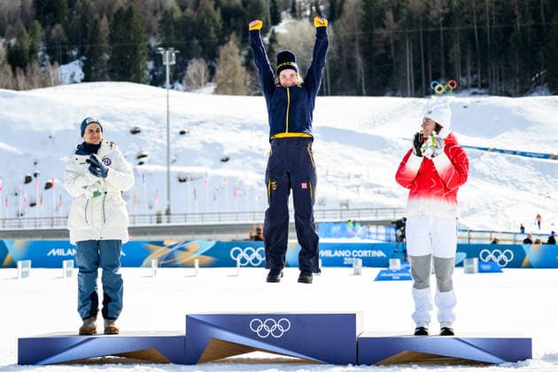 260222 Ebba Andersson of Sweden celebrates on the podium after the women s 50km classic technique cross-country skiing race during day 16 of the 2026 Winter Olympics on February 22, 2026 in Val di Fiemme. Photo: Maxim Thore BILDBYRAN kod MT MT1003 jubel sweden sverige skidor cross-country skiing langrenn Olympic Games, Olympische Spiele, Olympia, OS olympics winter olympics os ol olympiska spel vinter-os olympiske leker milano cortina 2026 milan cortina 2026 milano cortina 2026 olympic games milano cortina 2026 winter olympic games milano cortina-os milano cortina-ol vinter-ol 16 bbeng *** 260222 Ebba Andersson of Sweden celebrates on the podium after the women s 50km classic technique cross country skiing race during day 16 of the 2026 Winter Olympics on February 22, 2026 in Val di Fiemme Photo Maxim Thore BILDBYRAN kod MT MT1003 jubel sweden sverige skidor cross country skiing langrenn olympic games olympics winter olympics os ol olympiska spel vinter os olympiske leker milano cortina 2026 milan cortina 2026 milano cortina 2026 olympic games milano cortina 2026 winter olympic games milano cortina os milano cortina ol vinter ol 16 bbeng  Copyright: MAXIMxTHORE BB260222MT113