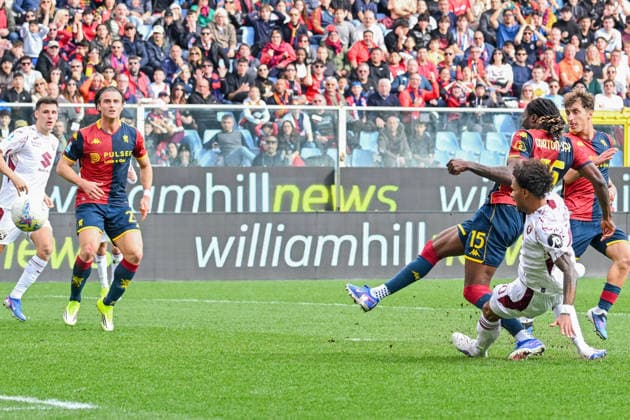GenoaÕs Brooke Norton-Cuffy scores a goal during the Serie A soccer match between Genoa and Torino at the Luigi Ferraris Stadium in Genoa, Italy - Sunday, February 22, 2026. - Soccer .  Copyright: xTanoxPecoraro LaPressex