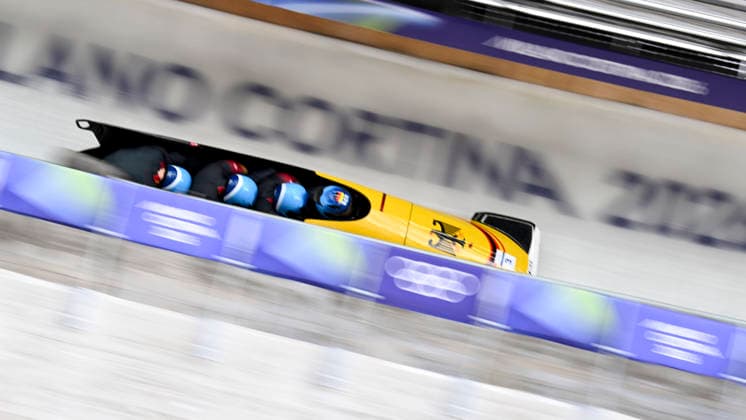 OLYMPICS - Winter Olympic Games, Olympische Spiele, Olympia, OS Milano Cortina 2026 CORTINA D AMPEZZO,ITALY,22.FEB.26 - OLYMPICS, BOBSLEIGH - Winter Olympic Games Milano Cortina 2026, 4-man, heat 3 and 4. Image shows Adam Ammour, Issam Ammour, Joshua Tasche and Alexander Schaller (GER).  GEPAxpictures AlexanderxSolc