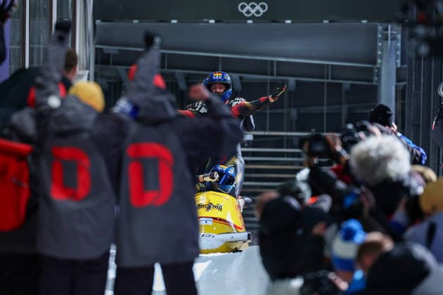 Olympische Winterspiele Milano Cortina 2026 Bob Viererbob Männer am 22.02.2026 im Cortina Sliding Centre in Cortina d™Ampezzo Johannes Lochner Thorsten Margis Jorn Wenzel Georg Fleischhauer ( Deutschland ) gewinnen die Gold Medaille *** Olympic Winter Games Milano Cortina 2026 Bobsleigh 4-man on 22 02 2026 at the Cortina Sliding Centre in Cortina d™Ampezzo Johannes Lochner Thorsten Margis Jorn Wenzel Georg Fleischhauer Germany win the gold medal xMSx