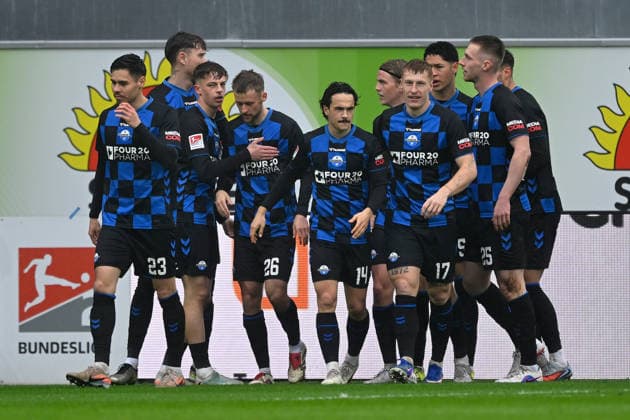 Paderborn, Home Deluxe Arena, 22 02 26, GER, Herren, 2 Bundesliga, Saison 2025 2026, SC Paderborn 07 Hertha BSC Berlin Bild Sebastian KLAAS Paderborn jubilates after his goal for 1 0 DFL regulations prohibit any use of photographs as image sequences and or quasi video NRW Germany