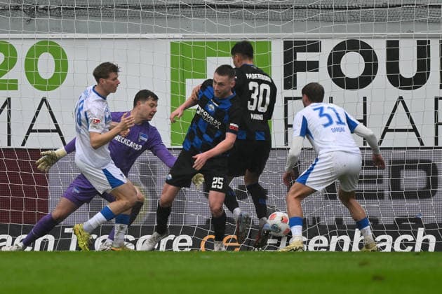 Paderborn, Home Deluxe Arena, 22 02 26, GER, Herren, 2 Bundesliga, Saison 2025 2026, SC Paderborn 07 Hertha BSC Berlin Bild Tjark SCHELLER Paderborn macht das Tor zum 2 0 DFL regulations prohibit any use of photographs as image sequences and or quasi video NRW Germany