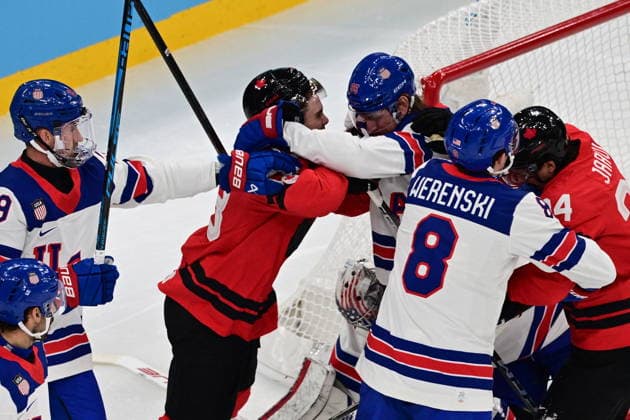 XXV Winter Olympic Games, Olympische Spiele, Olympia, OS in Milan, Italy, on February 22, 2026. Men s Ice hockey, Eishockey final, Canada vs USA. From left: Brock Nelson (USA), Brandon Hagel (CAN), Jake Sanderson (USA), Zach Werenski (USA) and Seth Jarvis (CAN) in a skirmish. (CTKxPhoto MichalxKamaryt) CTKPhotoP2026022203612  CTKPhotoP2026022203612