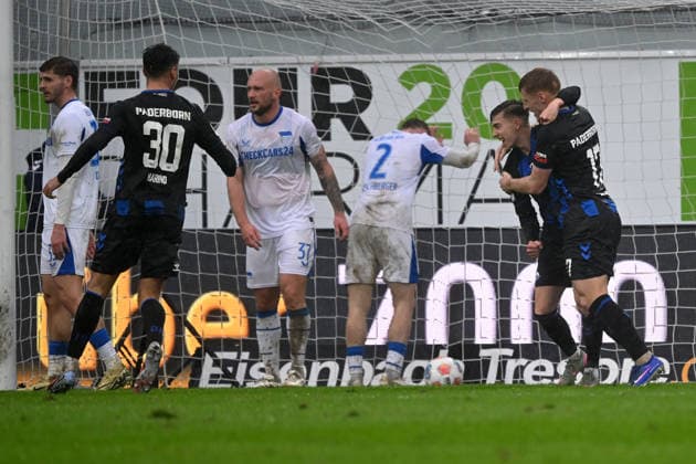 Paderborn, Home Deluxe Arena, 22 02 26, GER, Herren, 2 Bundesliga, Saison 2025 2026, SC Paderborn 07 Hertha BSC Berlin Bild Nick BAETZNER Paderborn jubilates after his goal for 3 1 DFL regulations prohibit any use of photographs as image sequences and or quasi video NRW Germany