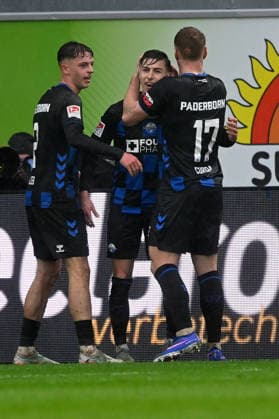 Paderborn, Home Deluxe Arena, 22 02 26, GER, Herren, 2 Bundesliga, Saison 2025 2026, SC Paderborn 07 Hertha BSC Berlin Bild Nick BAETZNER Paderborn jubilates after his goal for 3 1 DFL regulations prohibit any use of photographs as image sequences and or quasi video NRW Germany