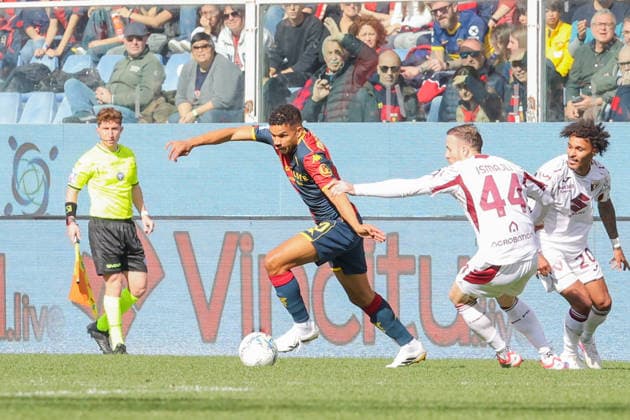 GenoaÕs Junior Messias fights for the ball with TorinoÕs Ardian Ismajli during the Serie A soccer match between Genoa and Torino at the Luigi Ferraris Stadium in Genoa, Italy - Sunday, February 22, 2026. - Soccer .  Copyright: xTanoxPecoraro LaPressex