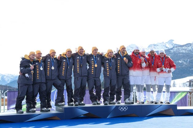 The podium with Michael Vogt, Andreas Haas, Amadou David Ndiaye, Mario Aeberhard (SUI) 3rd place, Bronze Medal, Francesco Friedrich, Matthias Sommer, Alexander Schuller, Felix Straub (GER) 2nd place, Silver Medal and Johannes Lochner, Thorsten Margis, Jorn Wenzel, Georg Fleischhauer (GER) 1st place, Gold Medal at end of the Olympic Winter games, Winterspiele,Spiele, Summer games Milano-Cortina 2026, Bobsleigh 4-man on February 21, 2026 at Cortina Sliding Center in Cortina d Ampezzo, Italy  Copyright: xLucianoxMariaxBisi IPAxSportx xipa-agency.netx xx IPA_71868907 IPA_Agency_IPA71868907