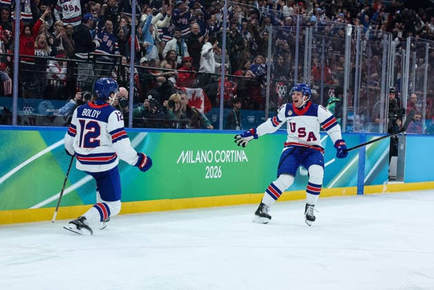 USA s Matt Boldy celebrates after scoring a goal with USA s Brock Faber during the Olympic Winter games, Winterspiele,Spiele, Summer games Milano-Cortina 2026, Men s Ice hockey, Eishockey Final - Canada vs USA on February 22, 2026 at Milano Santagiulia Ice Hockey Arena in Milan, Italy  Copyright: xFabrizioxCarabelli IPAxSportx xipa-agency.netx xx IPA_71869809 IPA_Agency_IPA71869809
