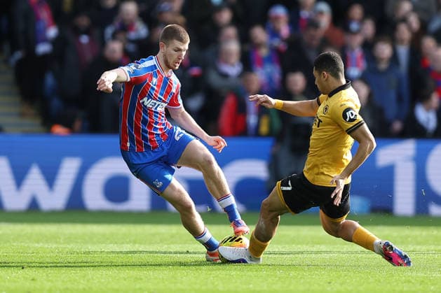 22nd February 2026; Selhurst Park, Selhurst, London, England; Premier League Football, Crystal Palace versus Wolverhampton Wanderers; Adam Wharton of Crystal Palace and Ladislav Krejci of Wolverhampton Wanderers compete for the ball  KatiexChan