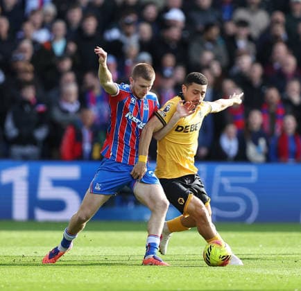 22nd February 2026; Selhurst Park, Selhurst, London, England; Premier League Football, Crystal Palace versus Wolverhampton Wanderers; Adam Wharton of Crystal Palace and Ladislav Krejci of Wolverhampton Wanderers compete for the ball  KatiexChan Content restricted for UK based newspaper