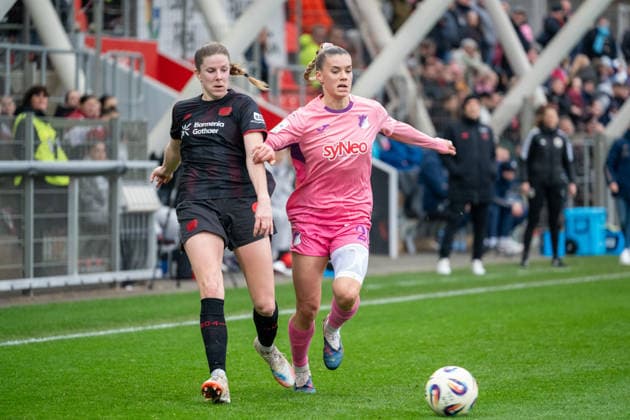 Duel between Lilla Turanyi Bayer 04 Leverkusen, 24 and Selina Cerci TSG Hoffenheim, 29 Bayer 04 Leverkusen vs TSG 1899 Hoffenheim, Football, Womens Bundesliga, Matchday 19, Season 2025 2026, 22 02 2026 DFL DFB Regulations prohibit any use of Photographs as image sequences and or Quasivideo Bayer 04 Leverkusen vs TSG 1899 Hoffenheim , Football, Womens Bundesliga, Matchday 19, Season 2025 2026, 22 02 2026 Leverkusen Copyright: xEibner-Pressefoto ThomasxHaeslerx EP_THR