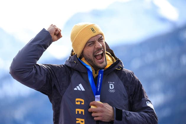 Johannes Lochner, Thorsten Margis, Jorn Wenzel, Georg Fleischhauer (GER) 1st place, Gold Medal on the podium at end of the Olympic Winter games, Winterspiele,Spiele, Summer games Milano-Cortina 2026, Bobsleigh 4-man on February 21, 2026 at Cortina Sliding Center in Cortina d Ampezzo, Italy  Copyright: xLucianoxMariaxBisi IPAxSportx xipa-agency.netx xx IPA_71868850 IPA_Agency_IPA71868850