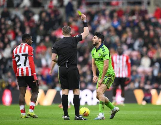Raul Jimenez of Fulham receives a yellow card from referee Craig Pawson Sunderland v Fulham, Premier League, Football, Stadium of Light, Sunderland, UK - 22 Feb 2026Sunderland Stadium of Light United Kingdom EDITORIAL USE ONLY No use with unauthorised audio, video, data, fixture lists, club league logos or live services. Online in-match use limited to 120 images, no video emulation. No use in betting, games or single club league player publications. Copyright: xRichardxLee Shutterstockx 16681560az
