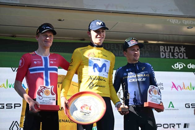 22-02-2026 Vuelta Andalucia; Tappa 05 La Roda De Andalucia - Lucena; 2026, Movistar; 2026, Uno X - Mobility; 2026, Pinarello - Q36.5; Romeo Abad, Ivan; Leknessund, Andreas; Pidcock, Thomas; Lucena; 