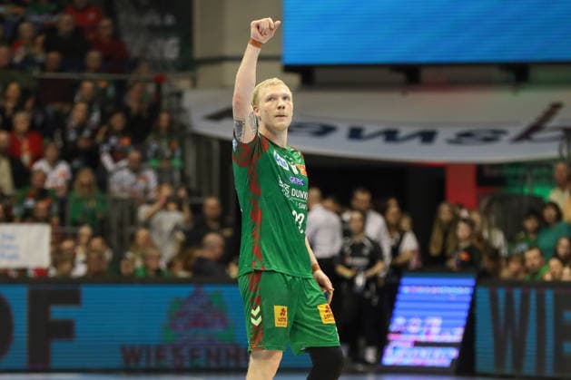 22 02 2026, xgox, Handball Daikin HBL SC Magdeburg GWD Minden emspor, v l Magnus Saugstrup Magdeburg, 23 Jubel, Torjubel, jubelt ueber das Tor, celebrate the goal, celebration Magdeburg