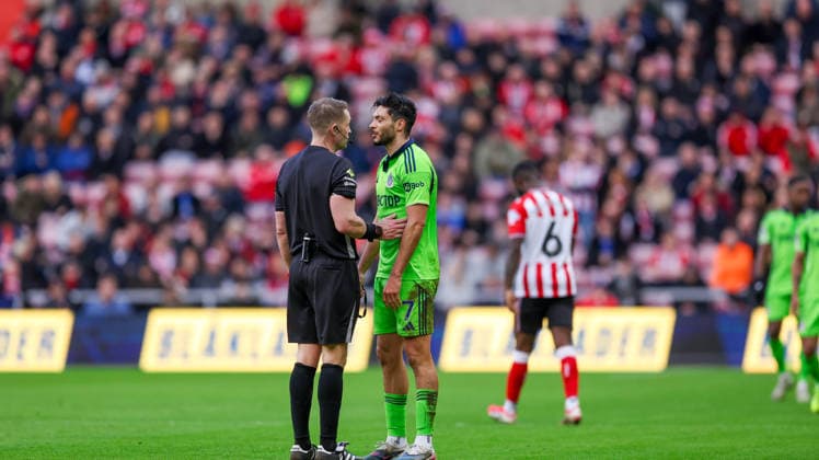 Sunderland v Fulham, Premier League Referee Craig Pawson has a chat with Fulham forward Raul JimÃ nez (7) during the Premier League match between Sunderland and Fulham at the Stadium Of Light, Sunderland, UK on 22 February 2026. Editorial use only DataCo restrictions apply See www.football-dataco.com , Copyright: xSimonxDaviesx PSI-23794-0026