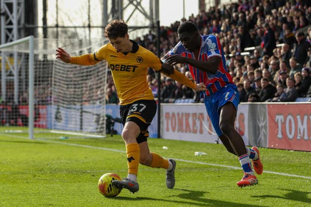 22nd February 2026; Selhurst Park, Selhurst, London, England; Premier League Football, Crystal Palace versus Wolverhampton Wanderers; Ladislav Krejci of Wolverhampton Wanderers and Ismaila Sarr of Crystal Palace  KatiexChan Content restricted for UK based newspaper
