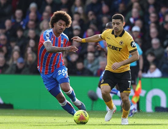 22nd February 2026; Selhurst Park, Selhurst, London, England; Premier League Football, Crystal Palace versus Wolverhampton Wanderers; Chris Richards of Crystal Palace is challenged by Andre of Wolverhampton Wanderers  KatiexChan Content restricted for UK based newspaper
