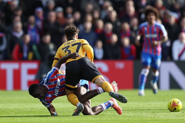 22nd February 2026; Selhurst Park, Selhurst, London, England; Premier League Football, Crystal Palace versus Wolverhampton Wanderers; Ismaila Sarr of Crystal Palace is fouled by Ladislav Krejci of Wolverhampton Wanderers  KatiexChan Content restricted for UK based newspaper