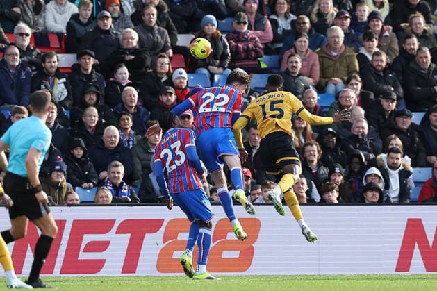 22nd February 2026; Selhurst Park, Selhurst, London, England; Premier League Football, Crystal Palace versus Wolverhampton Wanderers; Yerson Mosquera of Wolverhampton Wanderers beats Jorgen Strand Larsen of Crystal Palace to a header with an attempt on goal  KatiexChan Content restricted for UK based newspaper