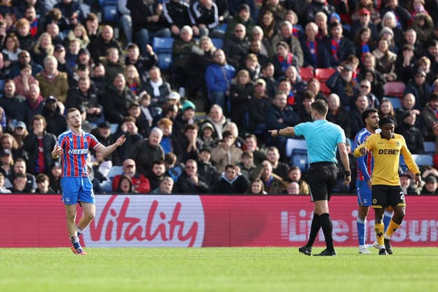 22nd February 2026; Selhurst Park, Selhurst, London, England; Premier League Football, Crystal Palace versus Wolverhampton Wanderers; referee Thomas Kirk points to the penalty spot after a foul Adam Wharton of Crystal Palace on Mateus Mane of Wolverhampton Wanderers  KatiexChan Content restricted for UK based newspaper
