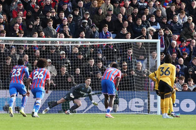 22nd February 2026; Selhurst Park, Selhurst, London, England; Premier League Football, Crystal Palace versus Wolverhampton Wanderers; goalkeeper Dean Henderson of Crystal Palace saves from Tolu Arokodare of Wolverhampton Wanderers penalty kick in the 43rd minute  KatiexChan Content restricted for UK based newspaper