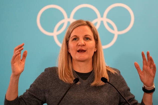 (260222) -- MILAN, Feb. 22, 2026 -- IOC President Kirsty Coventry gestures during an IOC session at the Milan-Cortina 2026 Olympic Winter games, Winterspiele,Spiele, Summer games in Milan, Italy, Feb. 22, 2026. ( Pool via Xinhua) (MICO2026)ITALY-MILAN-OLYMPIC WINTER GAMES-IOC SESSION LucaxBruno 