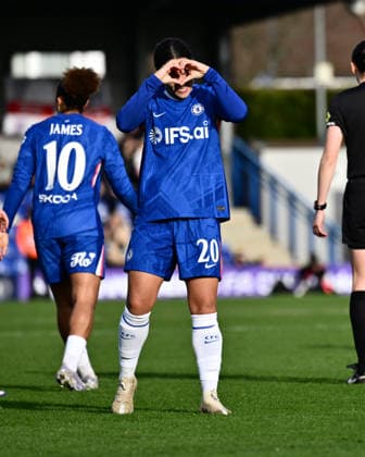 Sam Kerr of Chelsea celebrates scoring her team s first goal during the Adobe Women s FA Cup match between Chelsea and Manchester United, ManU at Kingsmeadow on February 22, 2026 in Kingston upon Thames, England. (Photo by Yaroslav Dunka Sports Press Photo) Copyright: xYaroslavxDunkax xSPPx Sportspressphoto_SPR96262