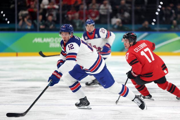 Milano Cortina 2026, Milan, Italy, 22.02, 2026, MiCo2026, MiCo, 2026, Olympics, Olympic, Winter Olympic, Olympic Winter games, Winterspiele,Spiele, Summer games Ice hockey, Eishockey hockey, USA, Canada, final Matt Boldy of United States and Macklin Celebrini of Canada in action during Ice Hockey final game between Canada and United States of Milano Cortina 2026 Olympic Winter Games in Milan, Italy, 22.02.2026. Photo: Roman Koksarov (RKF) Milan Italy Copyright: xRomanxKoksarovx 0B4A9518.JPG