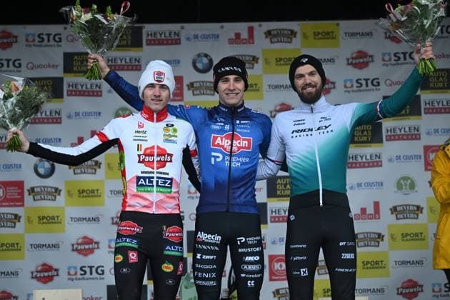 Belgian Yordi Corsus, Belgian Niels Vandeputte and Dutch Joris Nieuwenhuis pictured on the podium after the men s elite race at the Sluitingsprijs Oostmalle cyclocross race, Sunday 22 February 2026, in Oostmalle, the last race of the 2025-2026 cyclocross season. LUCxCLAESSEN  x164533125x