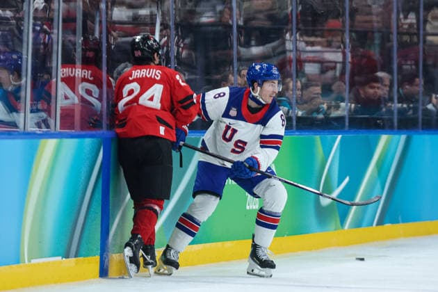 USA s Zach Werenski in action against Canada s Seth Jarvis during the Olympic Winter games, Winterspiele,Spiele, Summer games Milano-Cortina 2026, Men s Ice hockey, Eishockey Final - Canada vs USA on February 22, 2026 at Milano Santagiulia Ice Hockey Arena in Milan, Italy  Copyright: xFabrizioxCarabelli IPAxSportx xipa-agency.netx xx IPA_71875818 IPA_Agency_IPA71875818