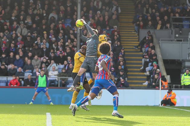 22nd February 2026; Selhurst Park, Selhurst, London, England; Premier League Football, Crystal Palace versus Wolverhampton Wanderers; goalkeeper Dean Henderson of Crystal Palace is fouled while jumping to catch a high ball  KatiexChan Content restricted for UK based newspaper