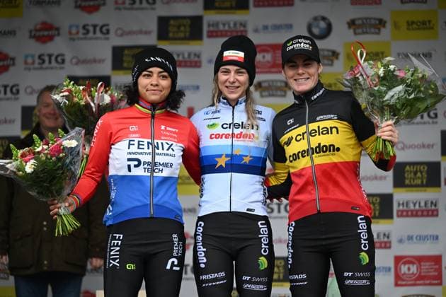 Dutch Ceylin Del Carmen Alvarado, Dutch Inge van der Heijden, Belgian Marion Norbert Riberolle and pictured on the podium after the women s elite race at the Sluitingsprijs Oostmalle cyclocross race, Sunday 22 February 2026, in Oostmalle, the last race of the 2025-2026 cyclocross season. LUCxCLAESSEN  x164534327x