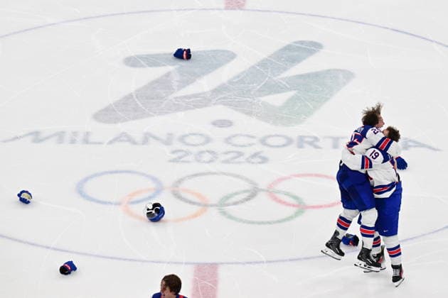 XXV Winter Olympic Games, Olympische Spiele, Olympia, OS in Milan, Italy, on February 22, 2026. Men s Ice hockey, Eishockey final, Canada vs USA. From left: Charlie McAvoy (USA) and Matthew Tkachuk (USA) celebrate victory. (CTKxPhoto MichalxKamaryt) CTKPhotoP2026022205133  CTKPhotoP2026022205133