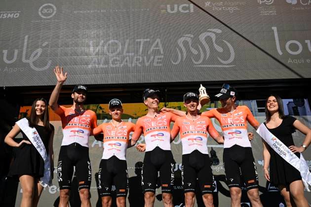 Volta Algarve 2026 Stage 5 ALTO DO MALHAO (LOULE), PORTUGAL - FEBRUARY 22 : best team : team Ineos Grenadiers Arensman Thymen (NED) of INEOS Grenadiers, Ganna Filippo (ITA) of INEOS Grenadiers, Jungels Bob (LUX) of INEOS Grenadiers, Onley Oscar (GBR) of INEOS Grenadiers, De Plus Laurens (BEL) of INEOS Grenadiers, Vauquelin Kevin (FRA) of INEOS Grenadiers pictured during the podium ceremony of stage 5 of the 52th edition of Volta Algarve an UCI ProSeries 2.Pro cycling road race stage for Men Elite of 148.4 km with start in Faro and finish in Alto do Malhao (Loule) on February 22, 2026 in Alto do Malhao (Loule), Portugal, 22 02 2026 ( Motordriver Guy De Vuyst - Alto do Malhao (Loule) Portugal  Copyright: xNicoxVereeckenx