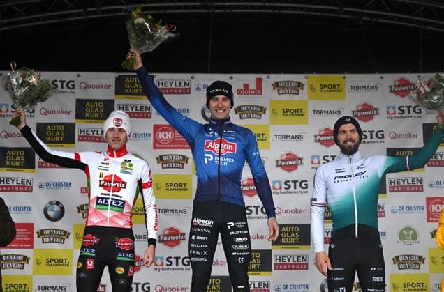 Belgian Yordi Corsus, Belgian Niels Vandeputte and Dutch Joris Nieuwenhuis celebrate on the podium after the men s elite race at the Sluitingsprijs Oostmalle cyclocross race, Sunday 22 February 2026, in Oostmalle, the last race of the 2025-2026 cyclocross season. LUCxCLAESSEN  x164536592x