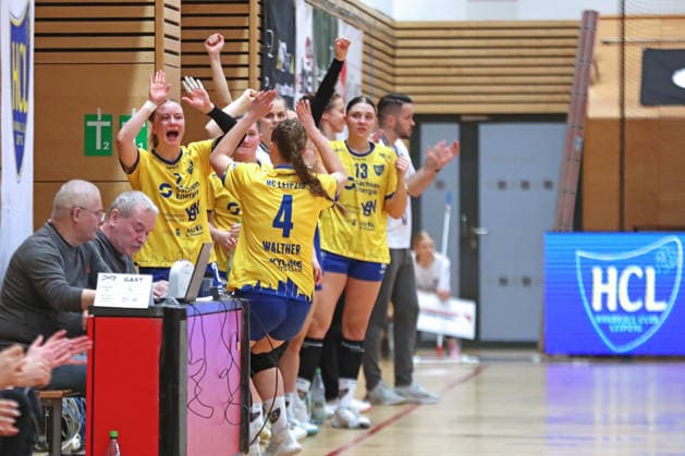 Handball, 2 Alsco HBF HC Leipzig VfL Waiblingen 22 02 2026 Joy at Pauline Uhlmann 2, HC Leipzig and the HCL Bank Jubilation, Emotions 2 Alsco Handball Bundesliga Women, HBF, Season 2025 2026, 19 Matchday HC Leipzig vs VfL Waiblingen on 22 02 2026 at Sporthalle Brüderstraße Leipzig Copyright: xBEAUTIFULxSPORTS JanxKaeferx