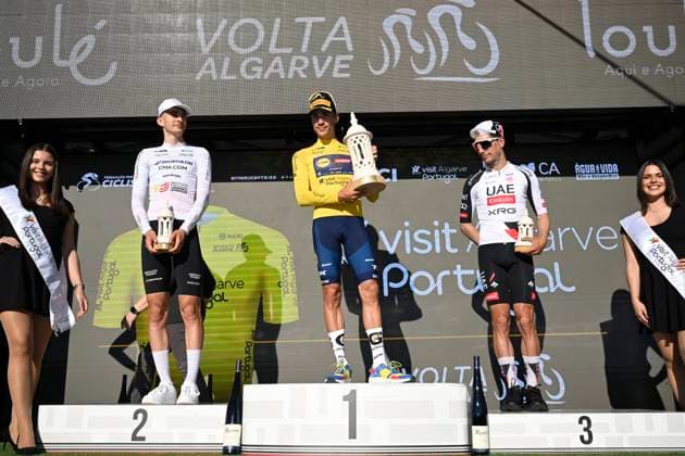 Volta Algarve 2026 Stage 5 ALTO DO MALHAO (LOULE), PORTUGAL - FEBRUARY 22 : Seixas Paul (FRA) of Decathlon CMA CGM Team, Ayuso Juan (ESP) of Lidl - Trek and Almeida Joao (POR) of UAE Team Emirates - XRG pictured during the podium ceremony of stage 5 of the 52th edition of Volta Algarve an UCI ProSeries 2.Pro cycling road race stage for Men Elite of 148.4 km with start in Faro and finish in Alto do Malhao (Loule) on February 22, 2026 in Alto do Malhao (Loule), Portugal, 22 02 2026 ( Motordriver Guy De Vuyst - Alto do Malhao (Loule) Portugal  Copyright: xNicoxVereeckenx