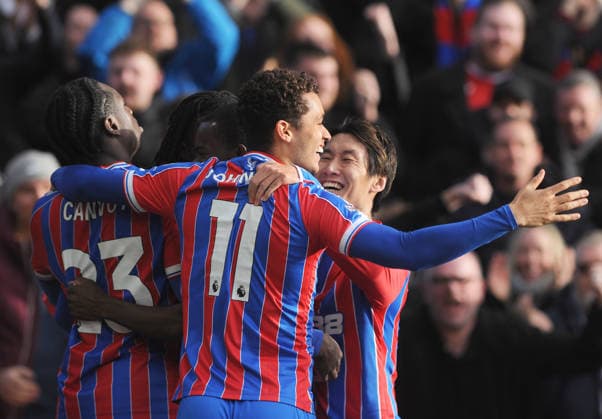 Football - 2025 2026 Premier League - Crystal Palace vs Wolverhampton Wanderers - Selhurst Park - Sunday 22nd February 2026 Daichi Kamada and Brennan Johnson of Crystal Palace celebrate Evann Guessand™s goal 