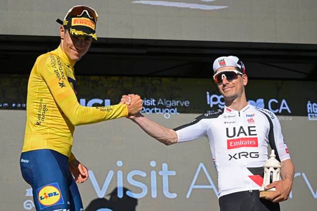 Volta Algarve 2026 Stage 5 ALTO DO MALHAO (LOULE), PORTUGAL - FEBRUARY 22 : Ayuso Juan (ESP) of Lidl - Trek and Almeida Joao (POR) of UAE Team Emirates - XRG pictured during the podium ceremony of stage 5 of the 52th edition of Volta Algarve an UCI ProSeries 2.Pro cycling road race stage for Men Elite of 148.4 km with start in Faro and finish in Alto do Malhao (Loule) on February 22, 2026 in Alto do Malhao (Loule), Portugal, 22 02 2026 ( Motordriver Guy De Vuyst - Alto do Malhao (Loule) Portugal  Copyright: xNicoxVereeckenx