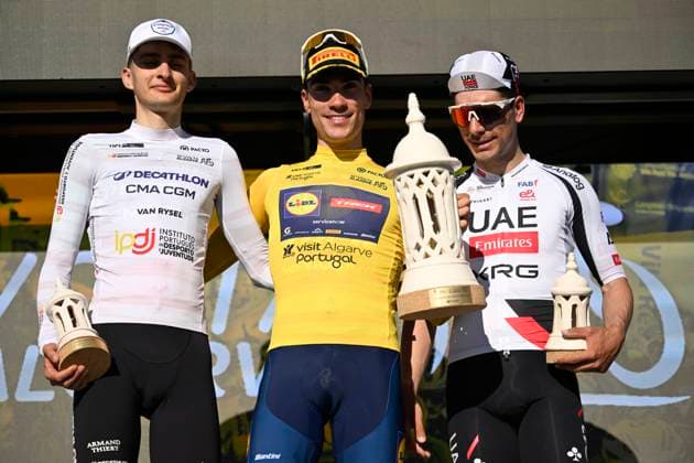 Volta Algarve 2026 Stage 5 ALTO DO MALHAO (LOULE), PORTUGAL - FEBRUARY 22 : Seixas Paul (FRA) of Decathlon CMA CGM Team, Ayuso Juan (ESP) of Lidl - Trek and Almeida Joao (POR) of UAE Team Emirates - XRG pictured during the podium ceremony of stage 5 of the 52th edition of Volta Algarve an UCI ProSeries 2.Pro cycling road race stage for Men Elite of 148.4 km with start in Faro and finish in Alto do Malhao (Loule) on February 22, 2026 in Alto do Malhao (Loule), Portugal, 22 02 2026 ( Motordriver Guy De Vuyst - Alto do Malhao (Loule) Portugal  Copyright: xNicoxVereeckenx