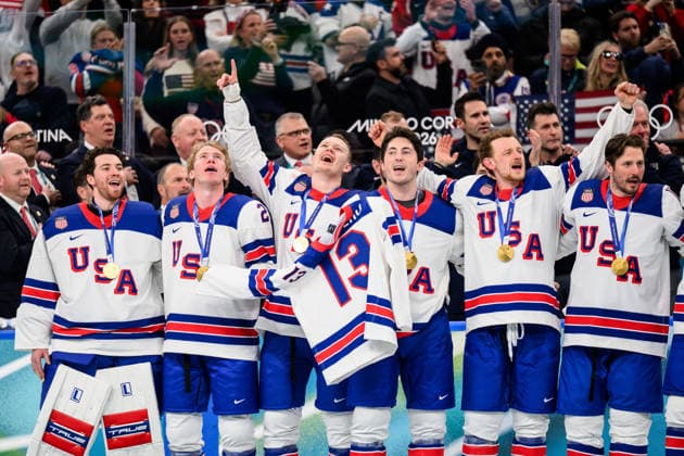 260222 Players of USA with the shirt of Johnny Gaudreau who died in 2024 after the men s Ice hockey, Eishockey final between Canada and USA during day 16 of the 2026 Winter Olympics on February 22, 2026 in Milan. Photo: Joel Marklund BILDBYRAN kod JM JM0802 bbeng ishockey ice hockey Olympic Games, Olympische Spiele, Olympia, OS olympics winter olympics os ol olympiska spel vinter-os olympiske leker milano cortina 2026 milan cortina 2026 milano cortina 2026 olympic games milano cortina 2026 winter olympic games milano cortina-os milano cortina-ol vinter-ol final usa united states canada kanada jubel *** 260222 Players of USA with the shirt of Johnny Gaudreau who died in 2024 after the men s ice hockey final between Canada and USA during day 16 of the 2026 Winter Olympics on February 22, 2026 in Milan Photo Joel Marklund BILDBYRAN kod JM JM0802 bbeng ishockey ice hockey olympic games olympics winter olympics os ol olympiska spel vinter os olympiske leker milano cortina 2026 milan cortina 2026 milano cortina 2026 olympic games milano cortina 2026 winter olympic games milano cortina os milano cortina ol vinter ol final usa united states canada kanada jubel  Copyright: JOELxMARKLUND BB260222JM083