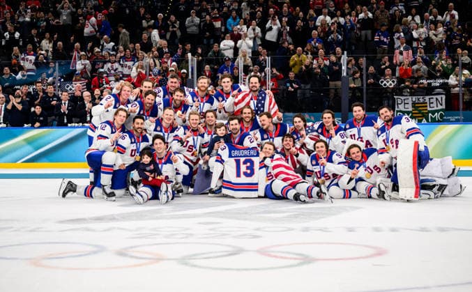 260222 Players of USA with the shirt of Johnny Gaudreau who died in 2024 after the men s Ice hockey, Eishockey final between Canada and USA during day 16 of the 2026 Winter Olympics on February 22, 2026 in Milan. Photo: Joel Marklund BILDBYRAN kod JM JM0802 bbeng ishockey ice hockey Olympic Games, Olympische Spiele, Olympia, OS olympics winter olympics os ol olympiska spel vinter-os olympiske leker milano cortina 2026 milan cortina 2026 milano cortina 2026 olympic games milano cortina 2026 winter olympic games milano cortina-os milano cortina-ol vinter-ol final usa united states canada kanada jubel *** 260222 Players of USA with the shirt of Johnny Gaudreau who died in 2024 after the men s ice hockey final between Canada and USA during day 16 of the 2026 Winter Olympics on February 22, 2026 in Milan Photo Joel Marklund BILDBYRAN kod JM JM0802 bbeng ishockey ice hockey olympic games olympics winter olympics os ol olympiska spel vinter os olympiske leker milano cortina 2026 milan cortina 2026 milano cortina 2026 olympic games milano cortina 2026 winter olympic games milano cortina os milano cortina ol vinter ol final usa united states canada kanada jubel  Copyright: JOELxMARKLUND BB260222JM086
