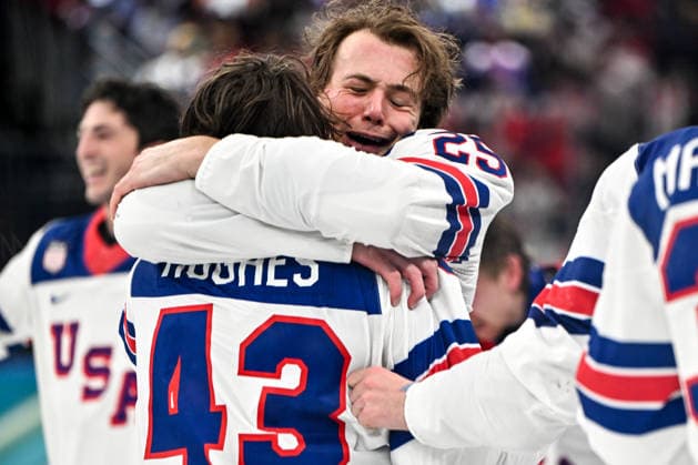 MILAN, ITALY - FEBRUARY 22: Charlie McAvoy of United States and Quinn Hughes of United States celebrate winning the gold medal during the Ice hockey, Eishockey Men™s Gold Medal Game match between Canada and USA on day sixteen of the Milano Cortina 2026 Winter Olympic Games, Olympische Spiele, Olympia, OS at Milano Santagiulia Ice Hockey Arena on February 22, 2026 in Milan, Italy. Milan Milano Santagiulia Ice Hockey Arena Italy *** MILAN, ITALY FEBRUARY 22 Charlie McAvoy of United States and Quinn Hughes of United States celebrate winning the gold medal during the Ice Hockey Men™s Gold Medal Game match between Canada and USA on day sixteen of the Milano Cortina 2026 Winter Olympic games at Milano Santagiulia Ice Hockey Arena on February 22, 2026 in Milan, Italy Milan Milano Santagiulia Ice Hockey Arena Italy Copyright: xJustPictures.ch AndreaxBrancax jp-en-EuSpIm-AB-AAB_224422022026