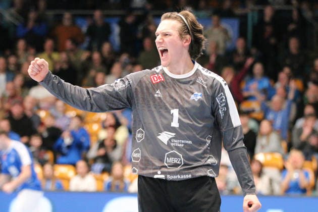 22 02 2026 Handball Men 2025 2026 2 Handball Bundesliga 20 Matchday Dessau Roßlauer HV 06 HSC 2000 Coburg Anhalt Arena Dessau Janik Patzwaldt Dessau, 1, gray after a held seven-meter penalty Dessau Roßlau Sachsen Anhalt Germany