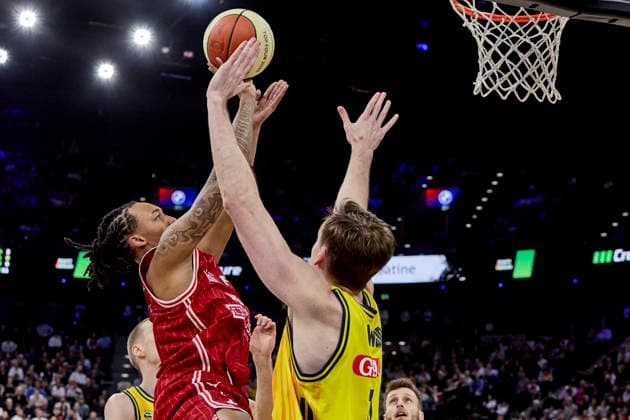 German Basketball League BBL Cup, BMA365 Bamberg BASKETS vs ALBA Berlin, Berlin ALBA, Bamberg BMA365 BASKETS, 2026 02 22 in Munich SAP Garden CROWLEY Austin BMA365 Bamberg BASKETS Shooting Guard SG Nr85 BAM85 , WOOD Moses ALBA Berlin Power Forward PF Nr11 BER11 sportworld Munich SAP Garden Bayern Germany
