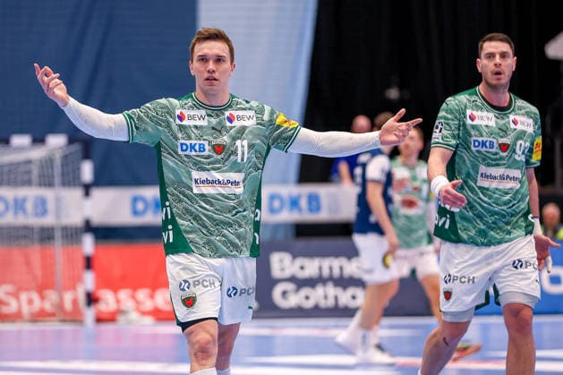 22 02 2026, Handball, HBL, Bergischer HC Füchse Berlin, Mitsubishi Electric HALLE Düsseldorf Lasse Andersson Füchse Berlin 11 gesticulating on the pitch North Rhine-Westphalia Germany
