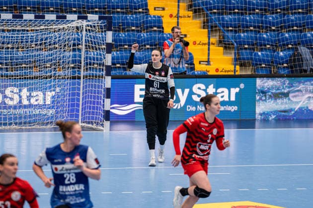 HSG Blomberg Lippe GER vs MOL Esztergom HUN , Handball, EHF European League Women, Group Phase, 22 2 2026, Season 2025 2026, Lemgo Nicole Roth HSG Blomberg Lippe, 61 is happy after a parade Lemgo Phoenix Contact Arena Germany
