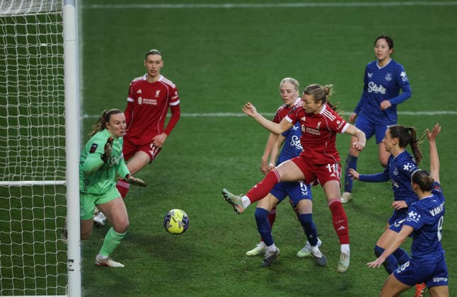 Liverpool Women v Everton Women, Women’s FA Cup, St Helens Stadium, St Helens. Times Photographer Bradley Ormesher. 22.2.2026. Liverpool Women v Everton Women, Women’s FA Cup, St Helens Stadium, St Helens. Times Photographer Bradley Ormesher. Beata Olson scores Liverpool’s 2nd goal.  Copyright: xBradleyxOrmesherx NINTCHDBPICT001061349134